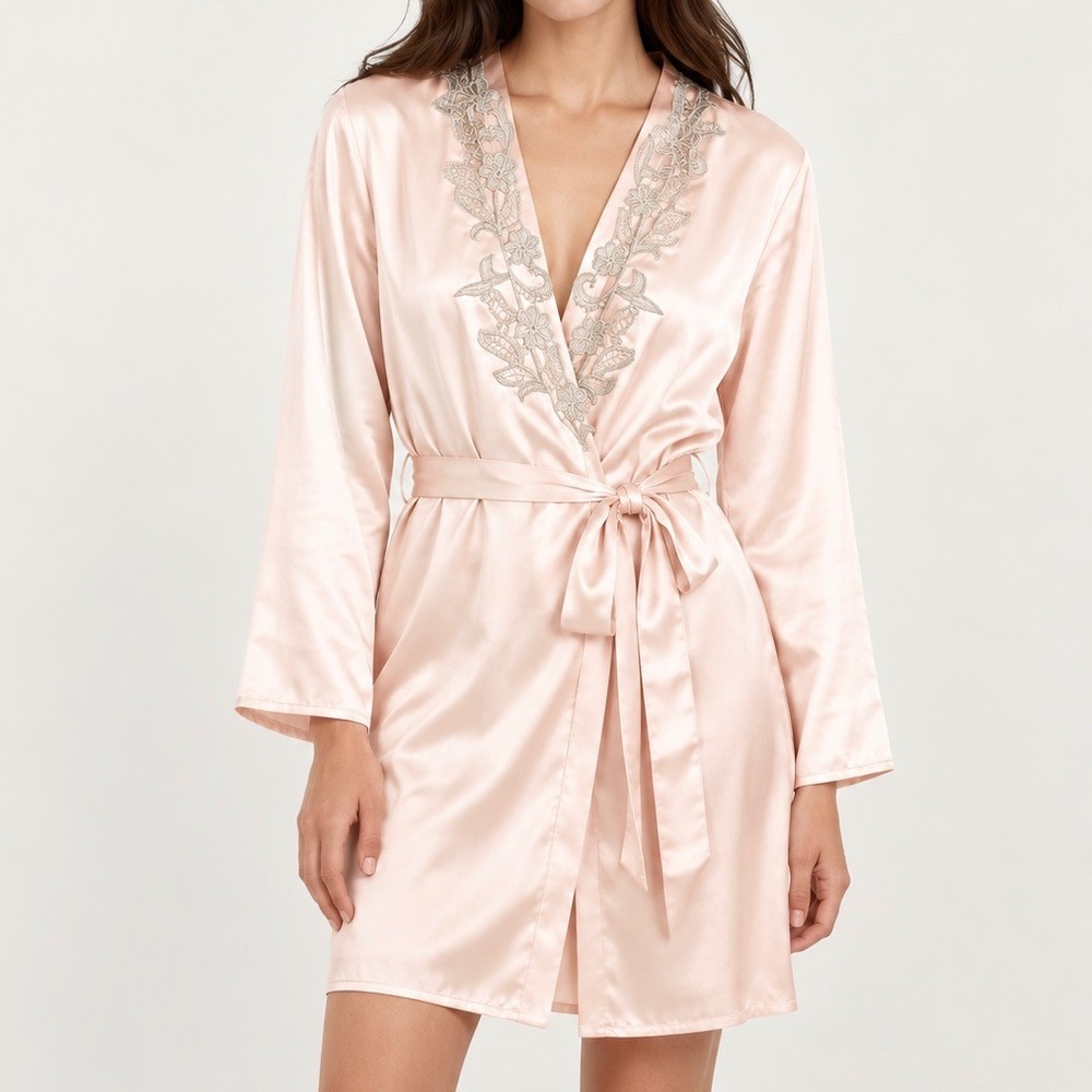 Flora by Flora Nikrooz Pink Satin Lace Trim Wrap Robe Small Medium S/M